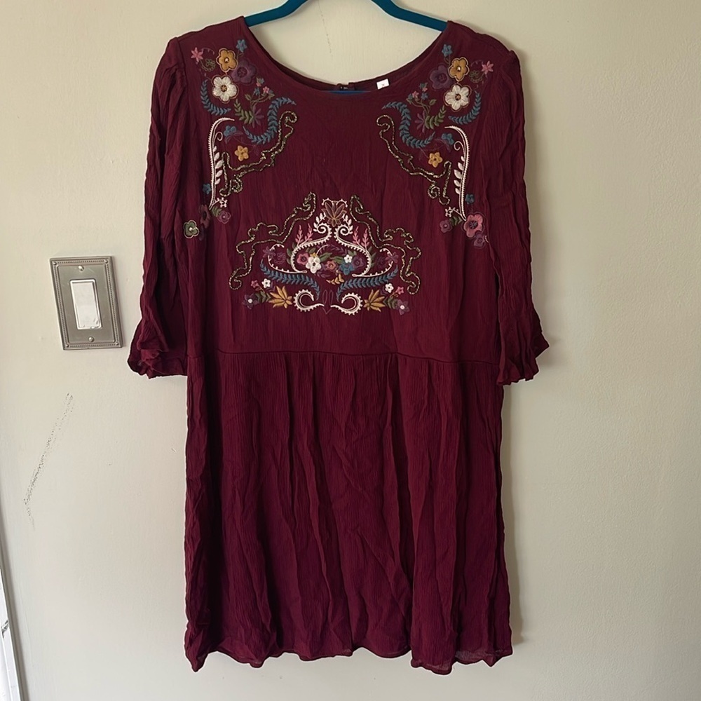 Xhilaration Maroon Embroidered Knee-Length Dress